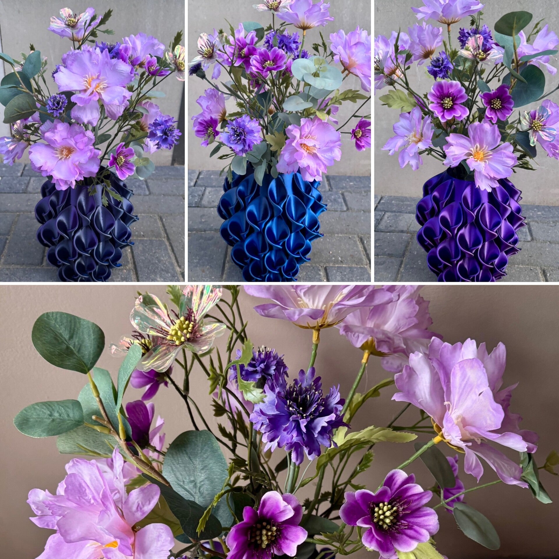 Exclusieve 3D designvaas met handgemaakt kunstboeket in lila, paars en blauw. Onderhoudsvrij, luxe  Kunstbloemen boeket | Discount fashion corner 