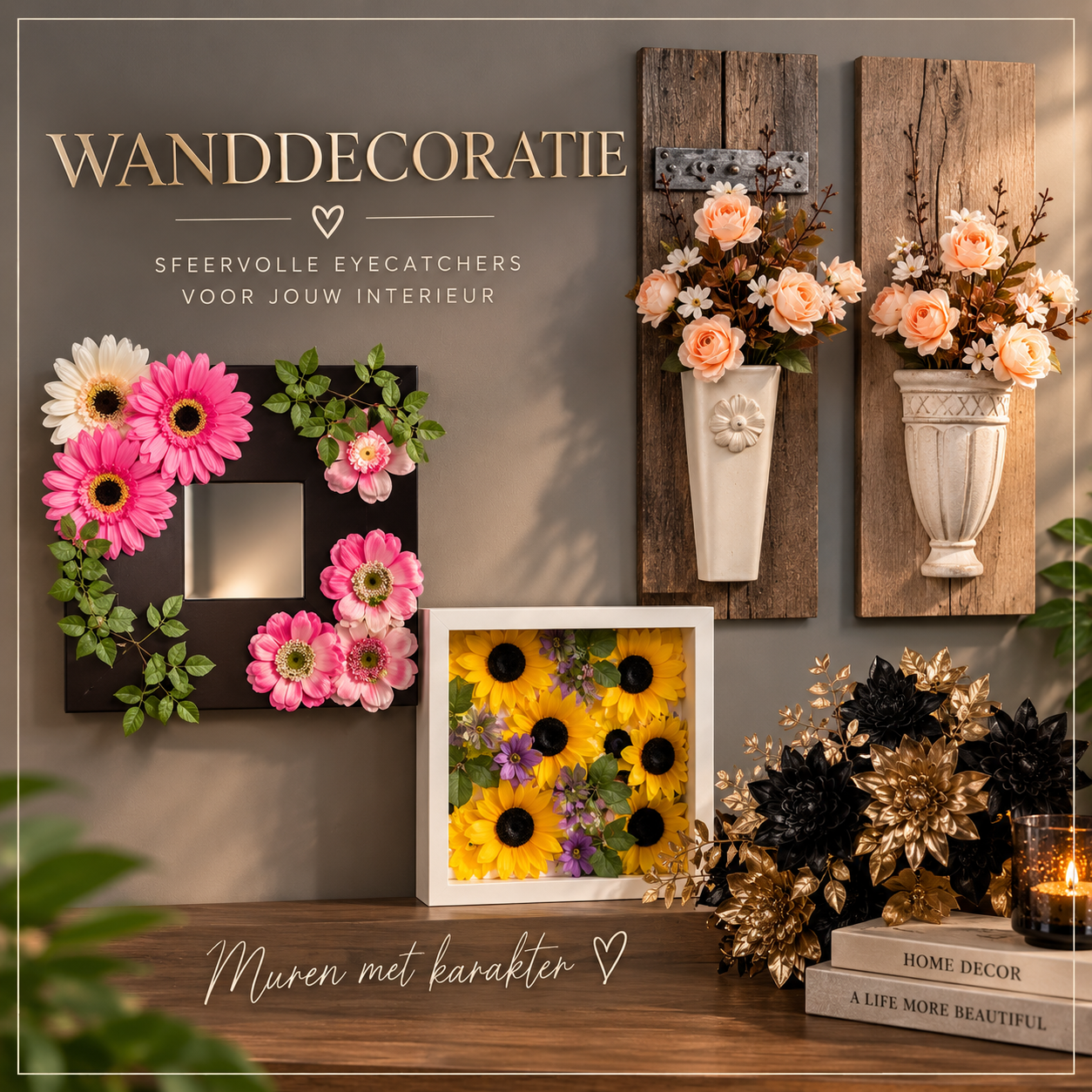 Wanddecoratie | Houten wandpaneel met halve pot en zijden bloemen | Wandpaneel met vaas en bloemen | Flowerwall Decoratie | DFC - Home | Discount fashion corner 