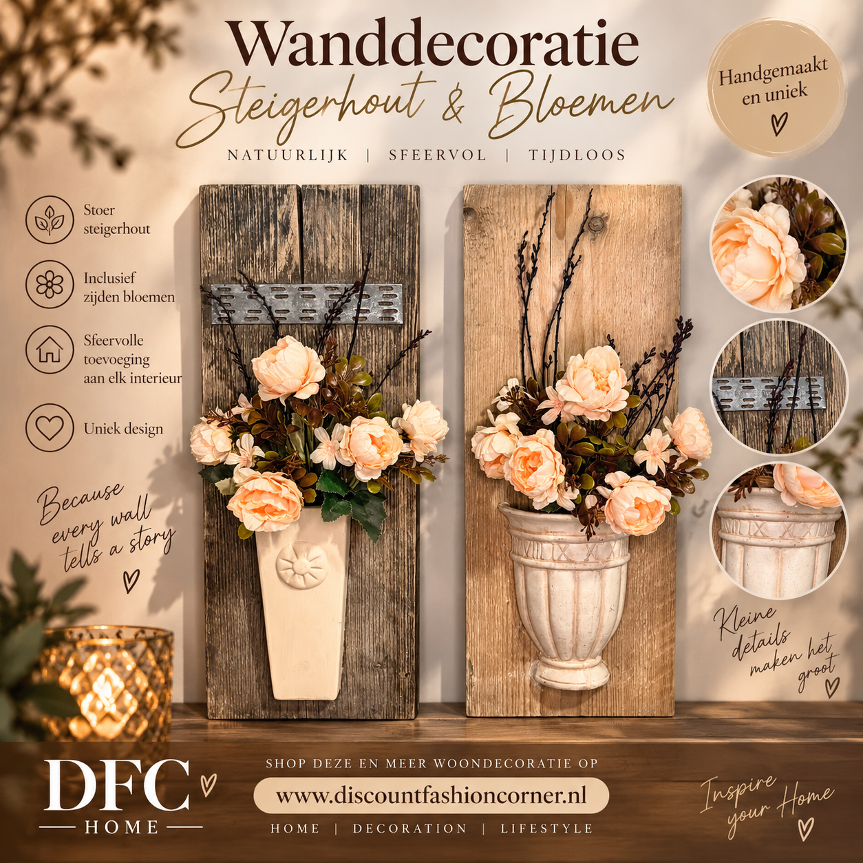 Wanddecoratie | Houten paneel met pot | Stijgerhouten wanddecoratie met pot of vaas - zijden bloemen | Discount fashion corner 