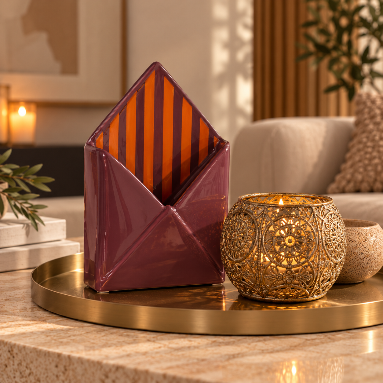 Envelop Vaas Bordeaux met Oranje Strepen – 18 cm
