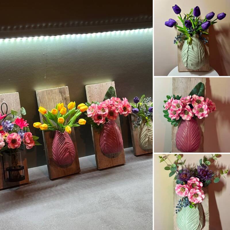 Wanddecoratie | wandbord met vaas en kunstbloemen | wandbord met halve vaas bloemen | discount fashion corner | Oude-tonge 