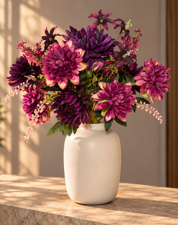 Plum Elegance – Zijden Boeket in Artic - mat Ivory Vaas