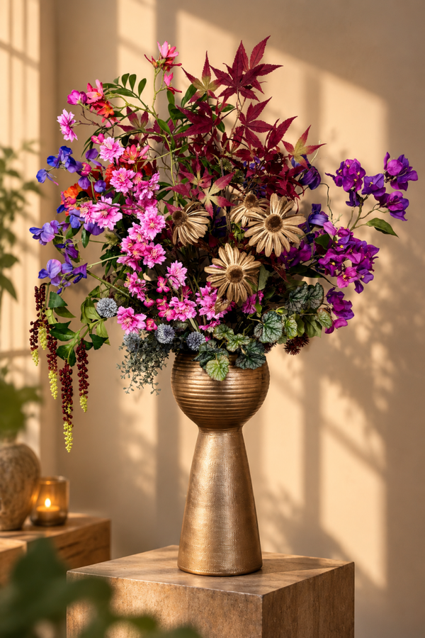Royal Bloom | Luxe Zijden Bloemenboeket met Goudkleurige Vaas – 110 cm