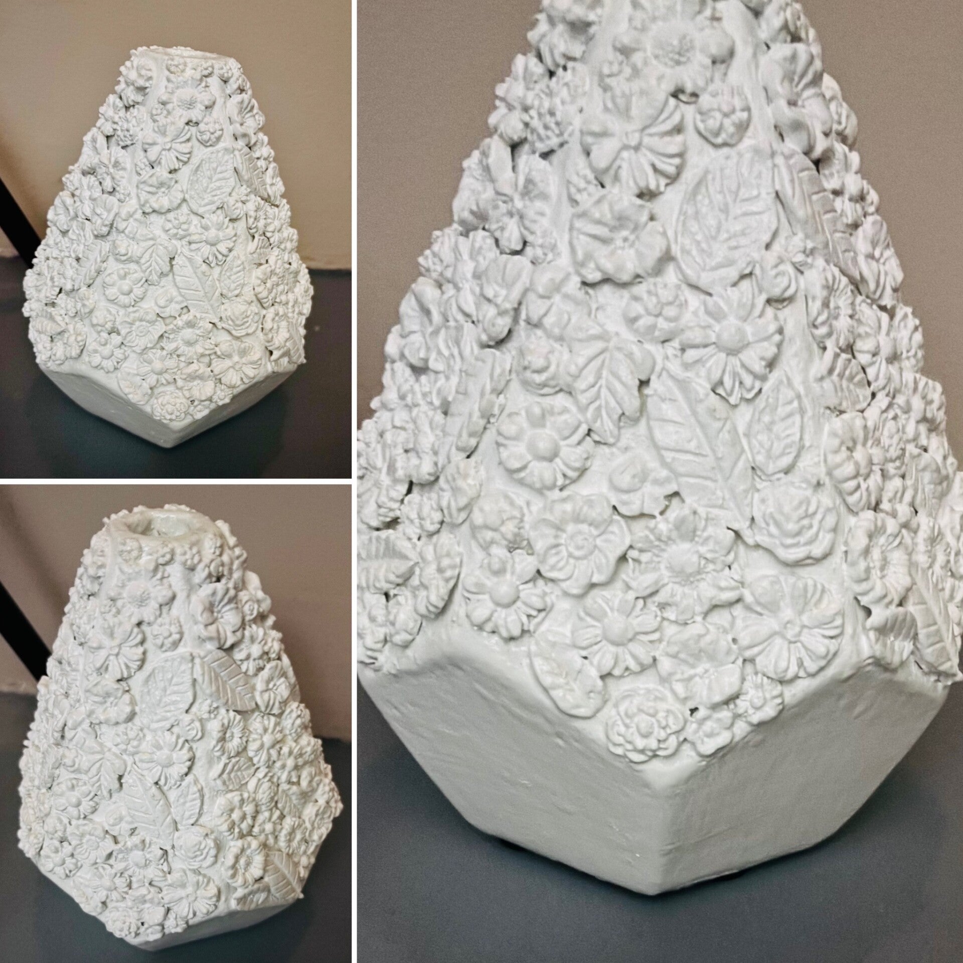 Witte decoratieve bloemenvaas met 3D reliëf – 31 cm