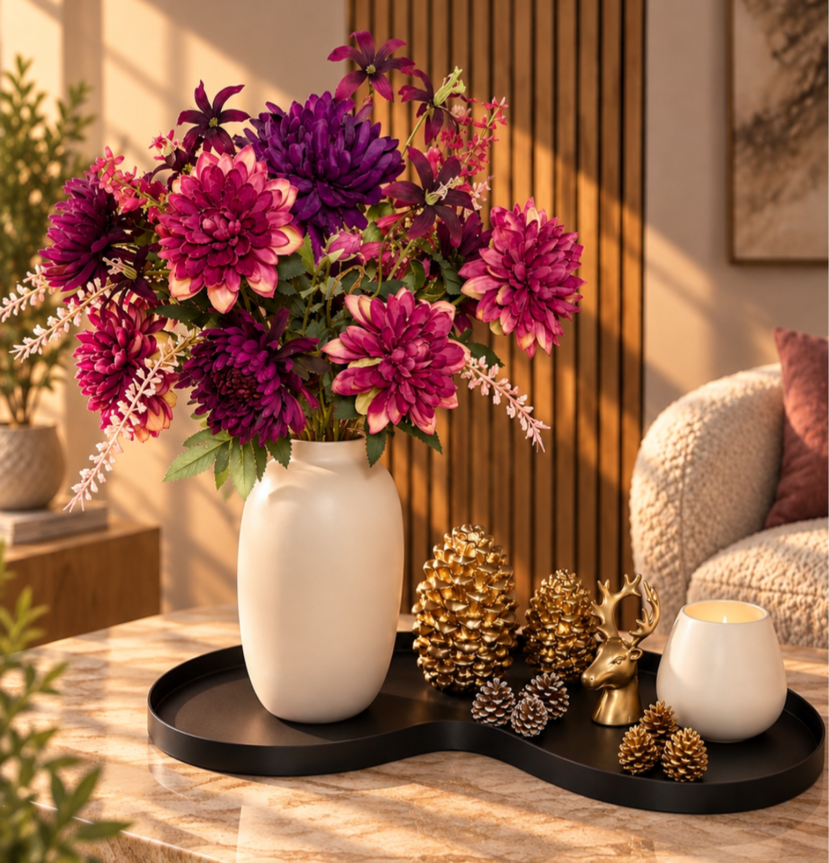 Golden Plum Elegance XXL | Luxe Tafeldecoratie Set met Zijden Bloemen