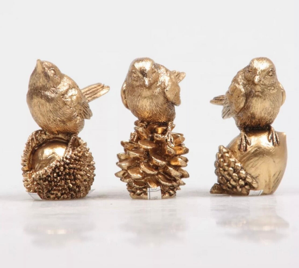 Gouden Vogeltje op Noot - 6 cm. – 3 Varianten