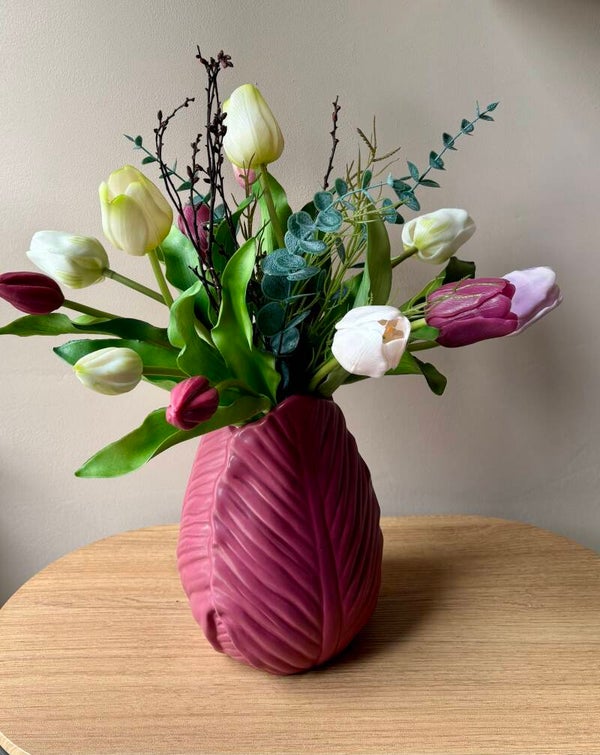Real Touch Tulpenboeket Wit - roze - paars | 12 Tulpen met Groen en Takjes