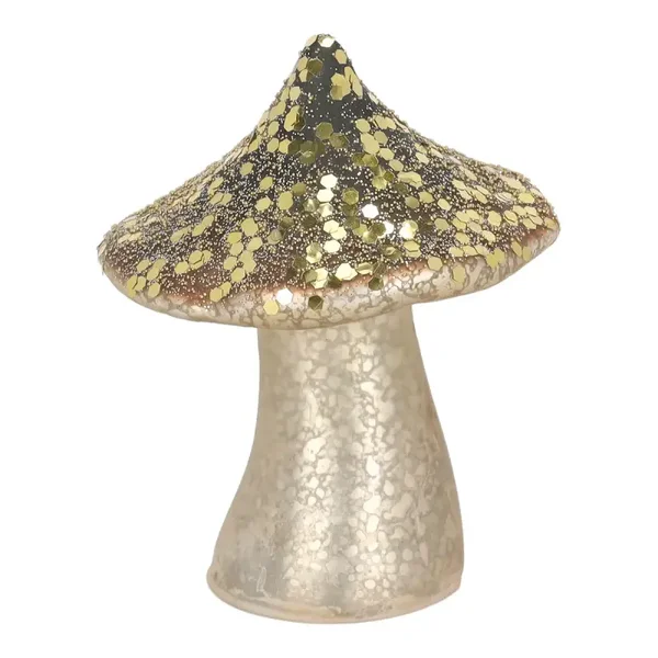 Decoratieve paddestoel met glitter - 15 cm.  - Goud