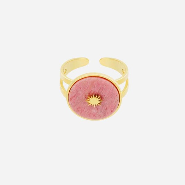 Ring : Roze natuursteen & zon | RVS | Goudkleurig