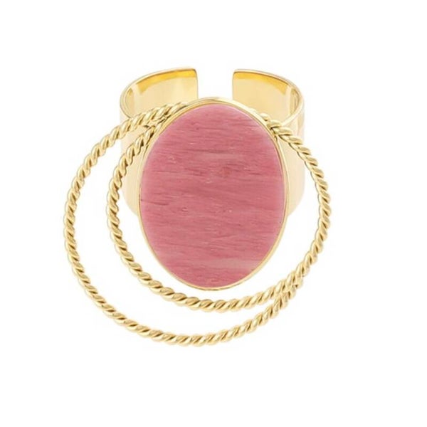 Ring :  Roze steen en cirkels | RVS | Goudkleurig