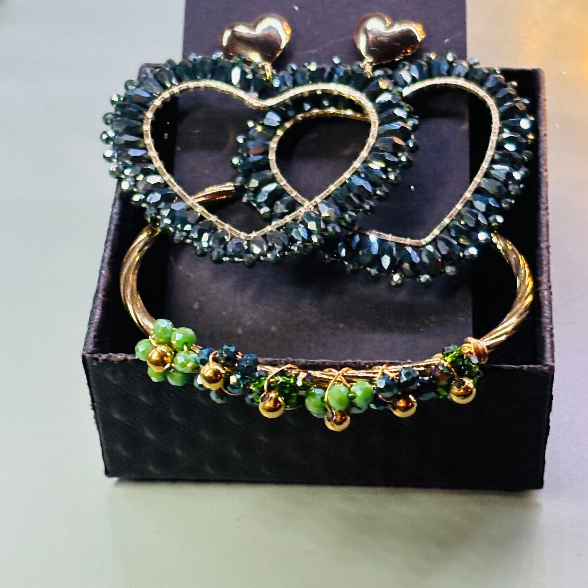 Sieraden setje oorbellen + Bangle armband / Hart - bloem  / RVS