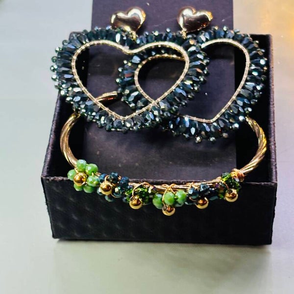 Sieraden setje oorbellen + Bangle armband / Hart - bloem  / RVS