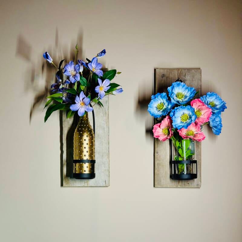 Muur vaas / muurvaas / Wandvaas / vaas op hout / boeket in vaas op hout / schilderij met vaas en kunstbloemen / schilderij met boeket 3D / wanddecoratie vaas met bloemen / discount fashion corner 