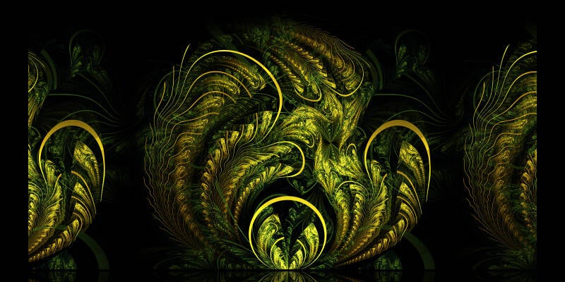 Fractale horizontale noire, verte et dorée aux formes végétales, spirales et courbes organiques.