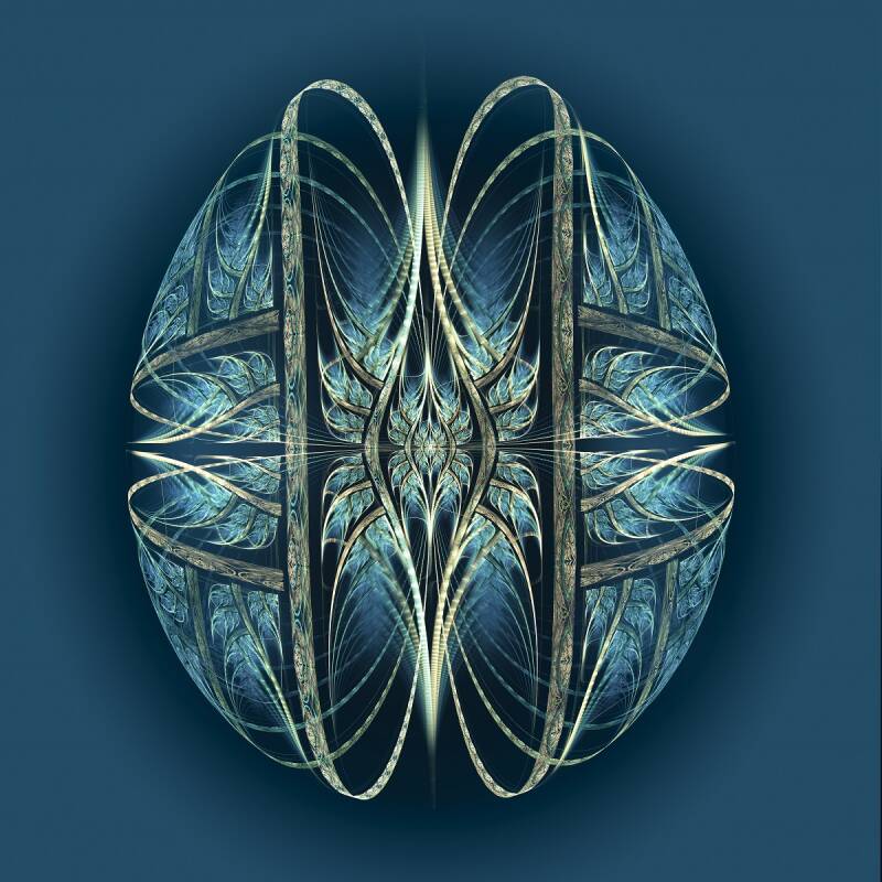 Fractale bleue symétrique évoquant une sphère orbitale abstraite.