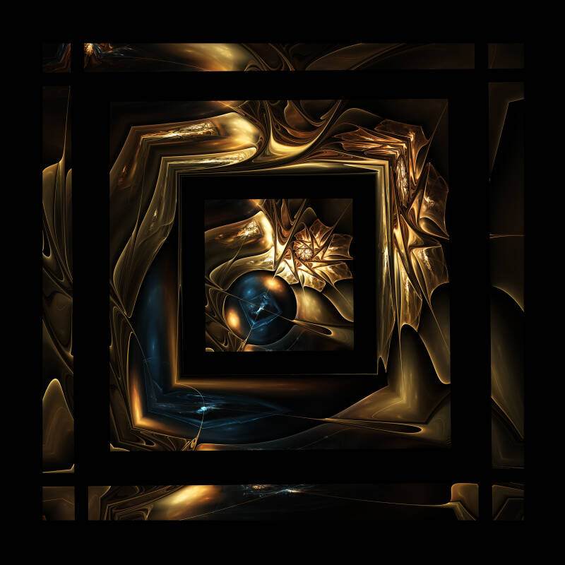 Fractale dorée en cadres concentriques avec sphère bleue lumineuse.