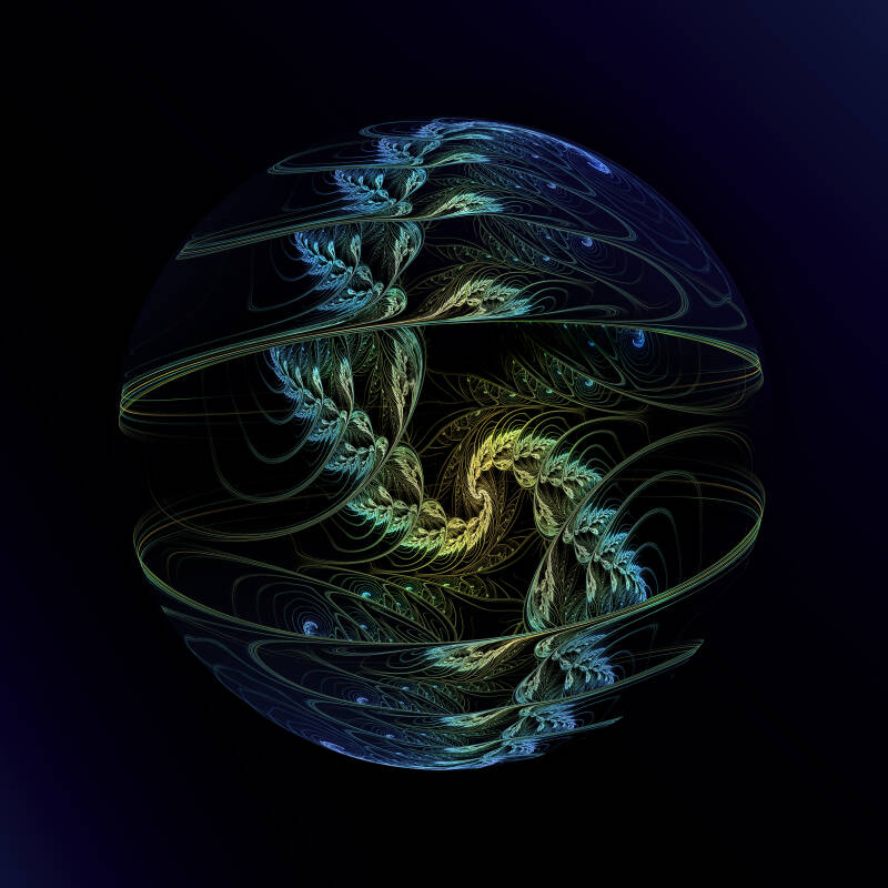 Fractale sphérique bleu et vert sur fond sombre – Bubble & Hemisphere.
