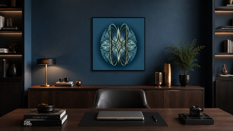 Œuvre fractale bleue dans un bureau contemporain élégant.