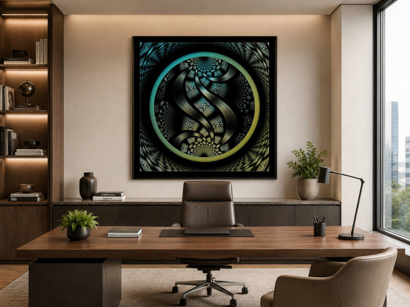 Bureau avec sur le mur central une fractale géométrique circulaire bleu et vert sur fond noir profond.