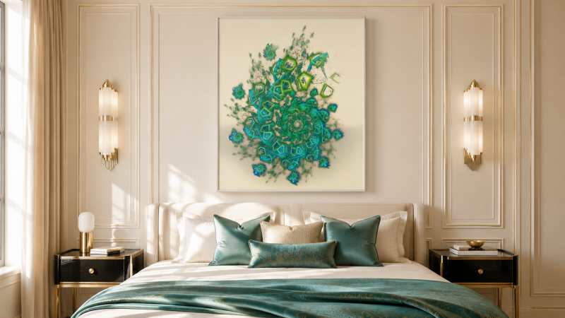Art fractal contemporain exposé dans une chambre Art déco raffinée, habillée d’ivoire, de turquoise et de vert émeraude.