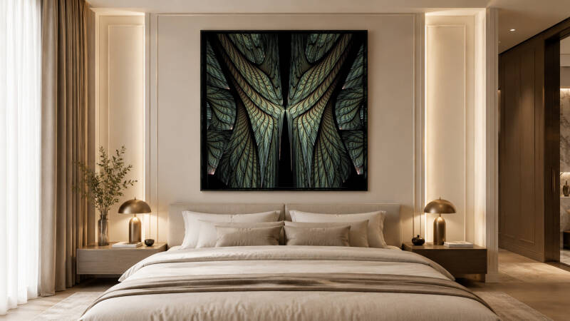Chambre contemporaine spacieuse avec sur le mur central une  fractale géométrique sombre aux nervures végétales