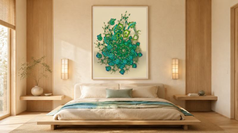 Œuvre fractale de Dominique Van Eeckhoudt présentée dans une chambre au style Japandi lumineuse, sobre et harmonieusement colorée.