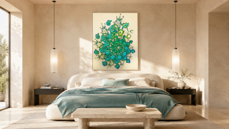 « Julian2, Crackle & GlynnSim » sublime une chambre contemporaine lumineuse aux nuances crème, jade et turquoise.