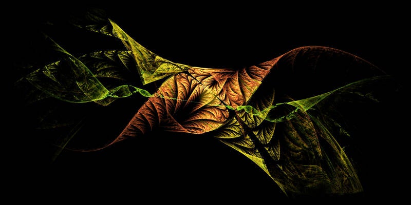 Fractale abstraite aux formes ondulantes vertes et dorées sur fond noir – Cylinder & Curl.