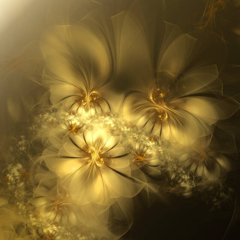 Dimples & Julian2 bSwirl, une création fractale aux fleurs dorées et pétales translucides, 