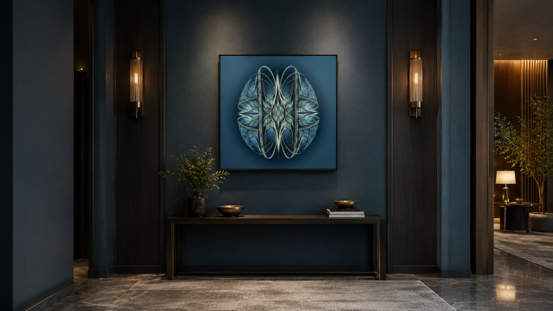 Fractale bleue exposée dans une entrée contemporaine raffinée.