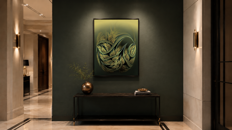 Œuvre fractale verte et dorée dans un hall d'entrée moderne.