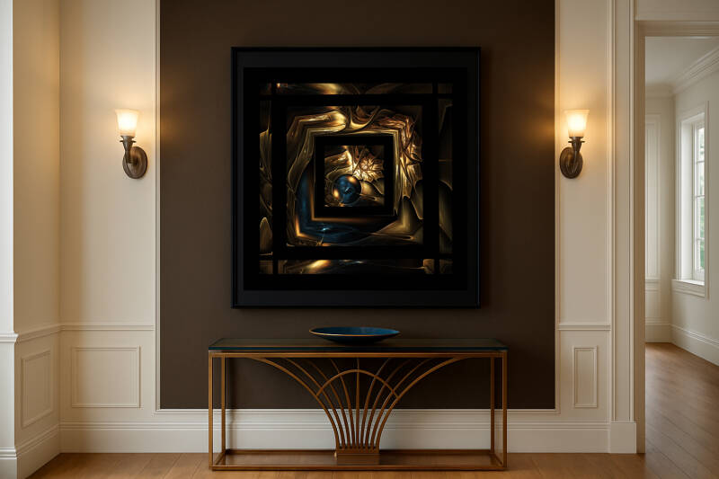 Hall d'entrée élégant avec une fractale dorée et bleue .au dessus d'une console.