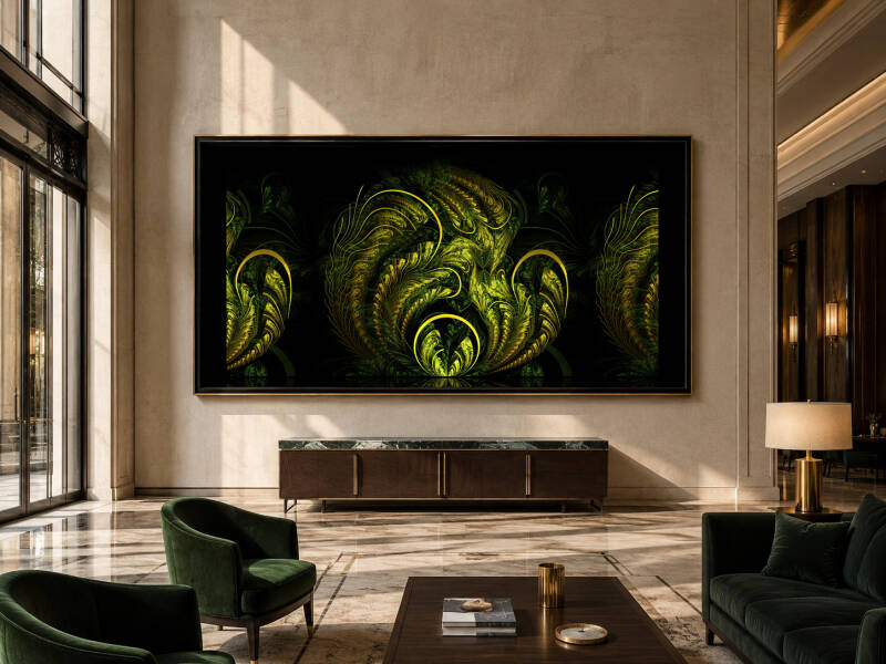 Œuvre fractale verte, noire et dorée présentée dans un vaste hall d'entrée d,hôtel, d'une entreprise, d'un batiment public lumineux.
