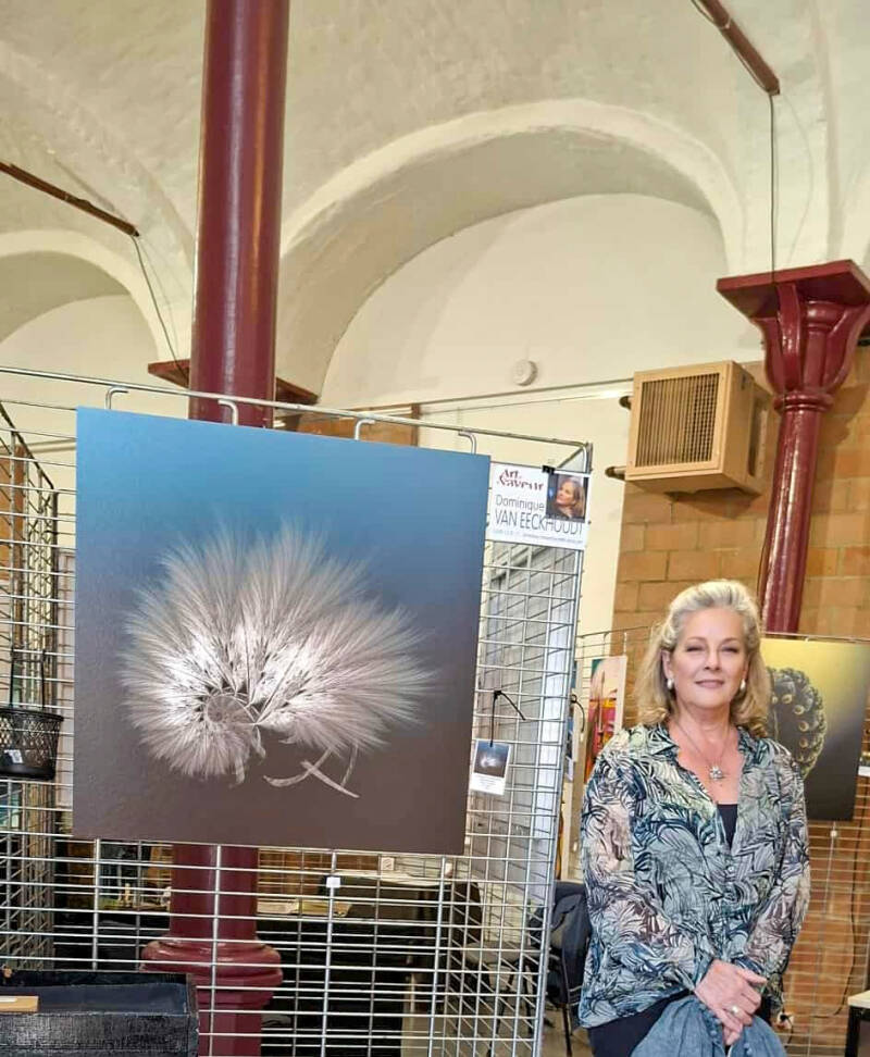 Dominique Van Eeckhoudt devant une fractale exposée à l'Abbaye de Saint-Denis.