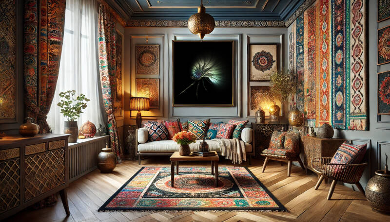 Œuvre fractale « Tanh & Plumy Lazyjes » exposée dans un intérieur au style ethnique oriental. Une création algorithmique aux volutes organiques et aux textures soyeuses, parfaitement intégrée à une décoration murale chaleureuse et inspirée des arts tradit