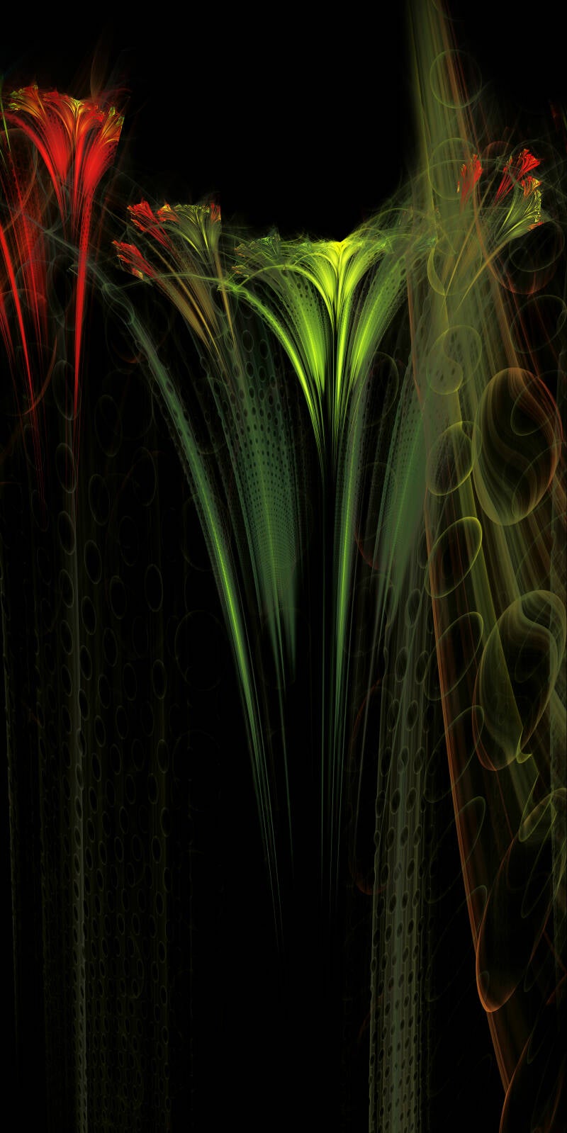 Fractale florale en forme de bouquet végétal lumineux, fleurs vertes et rouges en expansion sur fond noir profond, ambiance magique et verticale
