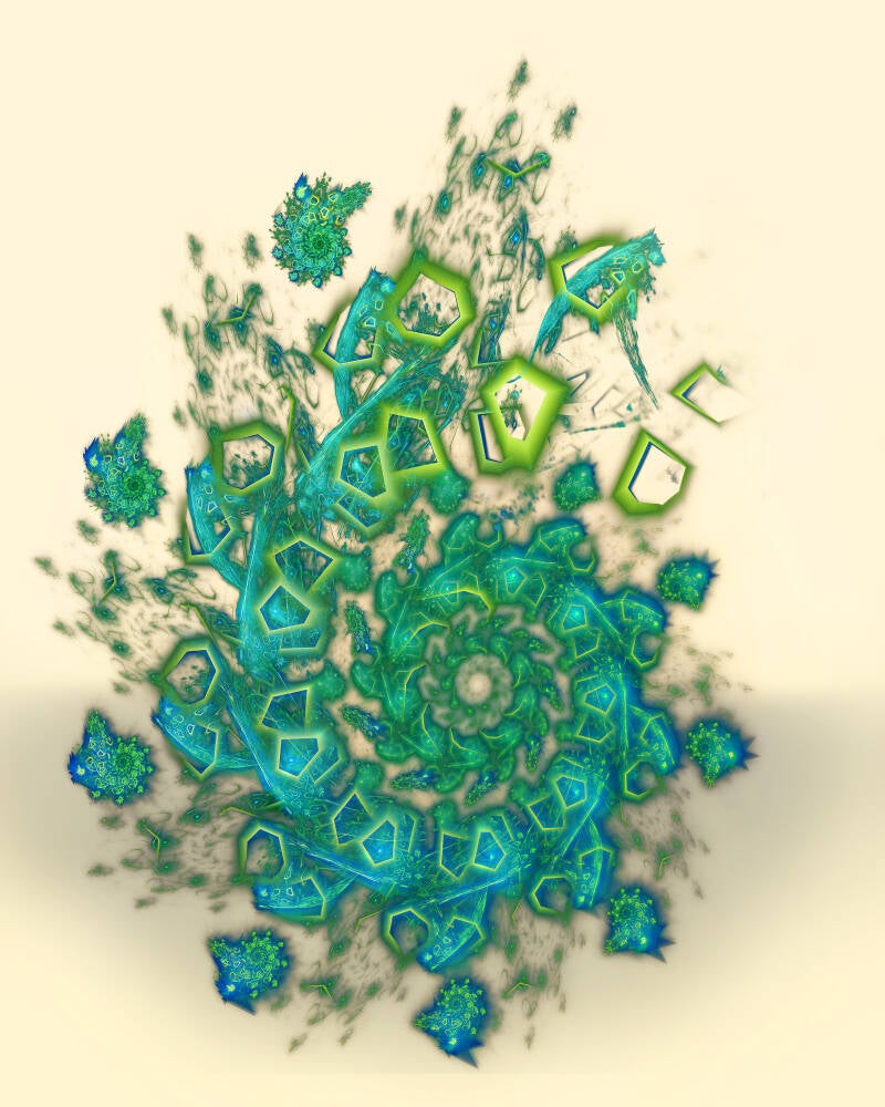 Fractale organique verte et turquoise évoquant une floraison cristalline sur fond crème lumineux.