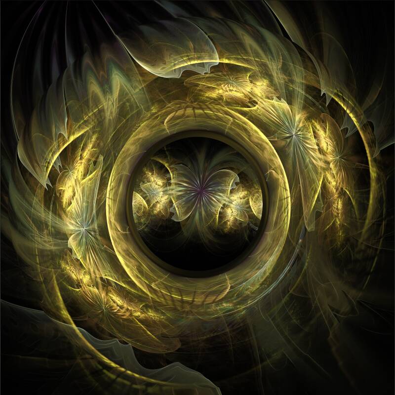 Fractale végétale sur fond noir, aux pétales translucides et ramifications dorées entourant un vortex circulaire lumineux, par Dominique Van Eeckhoudt.