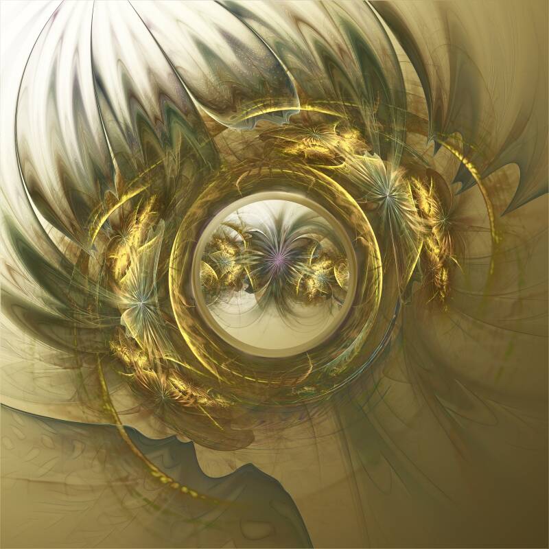 Fractale abstraite évoquant un portail circulaire vers un monde végétal, entouré de longs pétales translucides, de spirales dorées et de ramifications lumineuses.