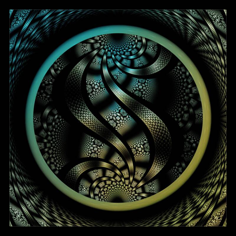 Fractale abstraite circulaire aux motifs turquoise, verts et dorés
