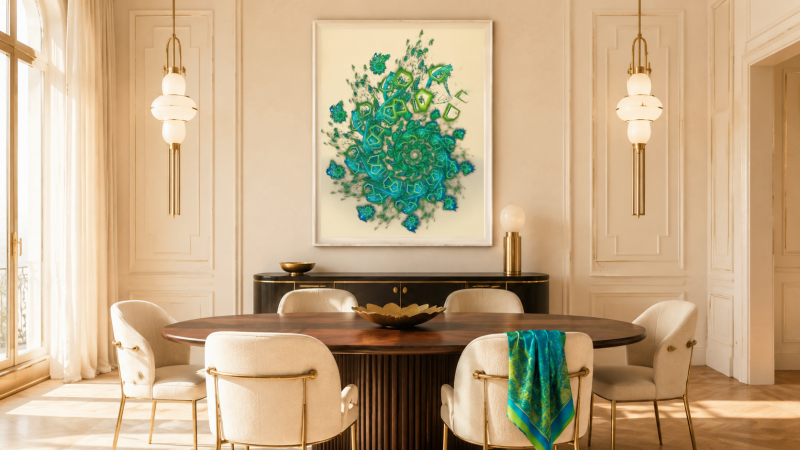 Œuvre fractale verte et turquoise mise en valeur dans une salle à manger Art déco lumineuse aux finitions en laiton.