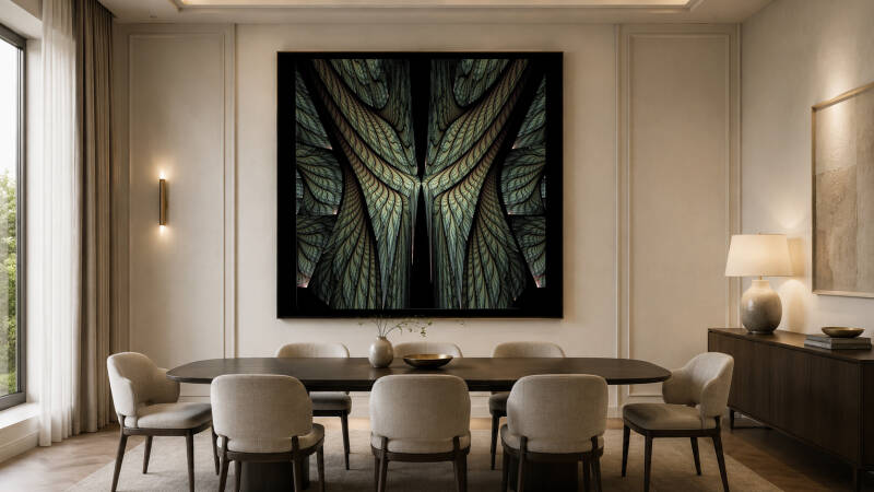Salle à manger lumineuse aux tons clairs avec sur le mur central une fractale géométrique sombre aux nervures végétales