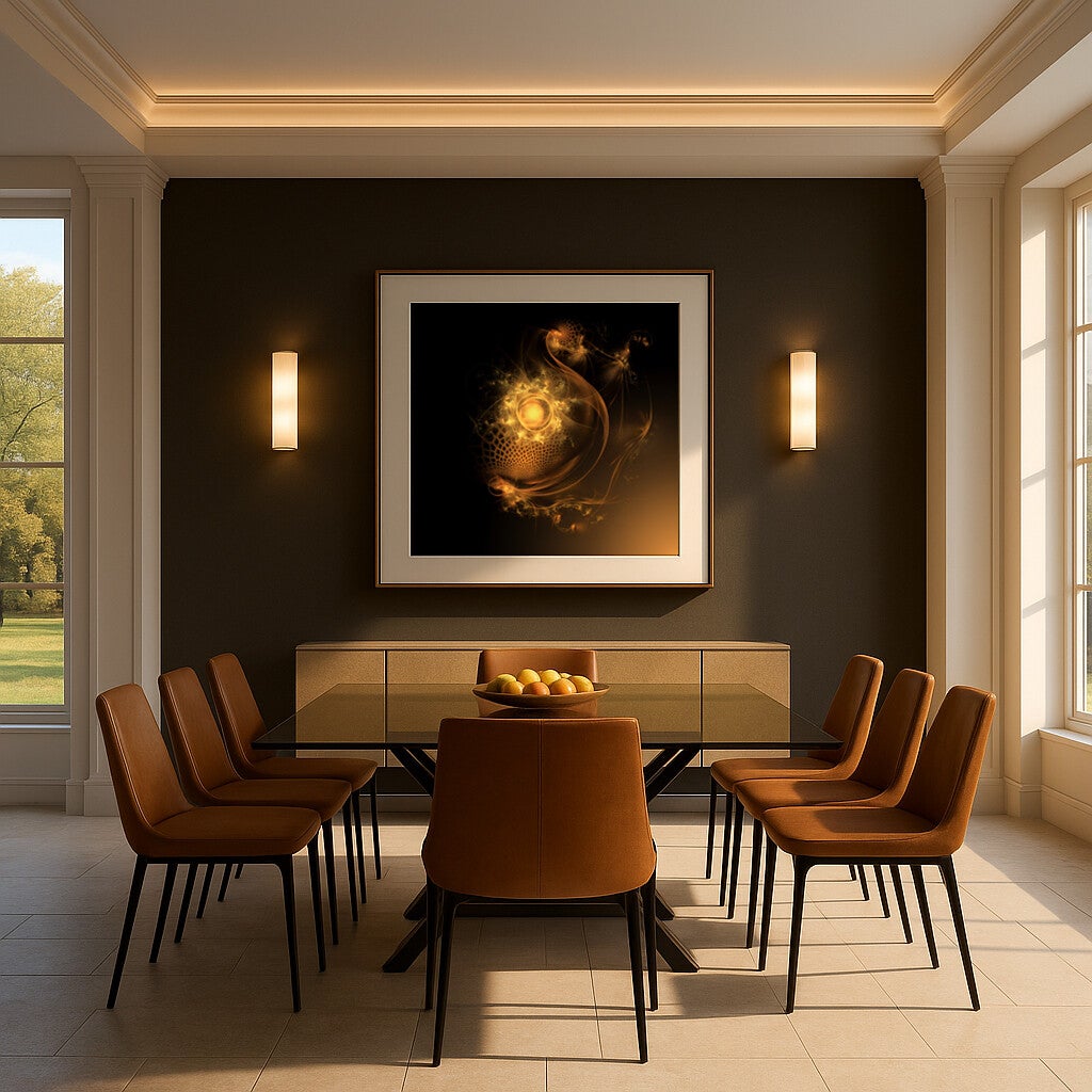 Œuvre fractale "Hemisphere, julian, Hypertile & Ei" encadrée exposée dans une salle à manger conviviale et épurée. Parfaite alliance entre art algorithmique et design contemporain.