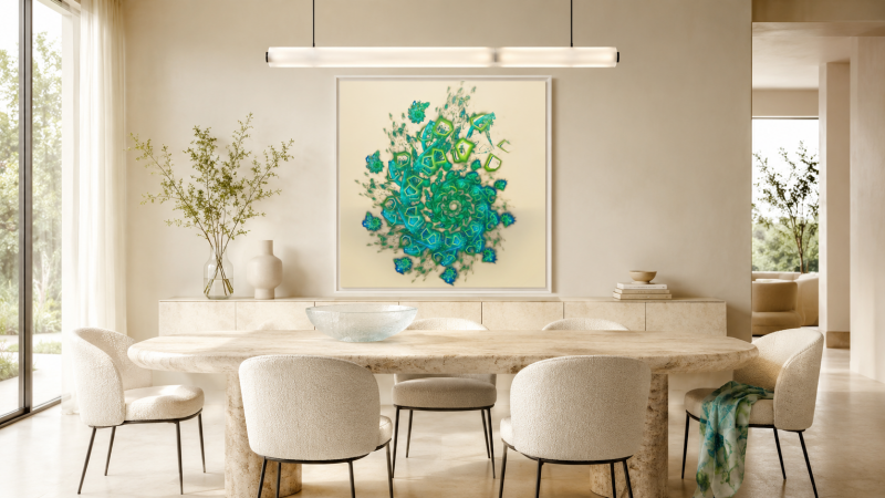 Art fractal vert et turquoise exposé dans une salle à manger contemporaine élégante aux lignes douces et aux tons naturels.