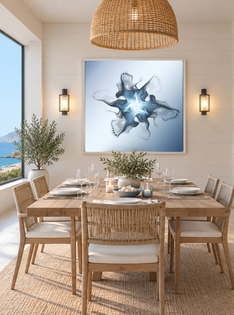 Salle à manger méditerranéenne décorée d'une fractale bleue