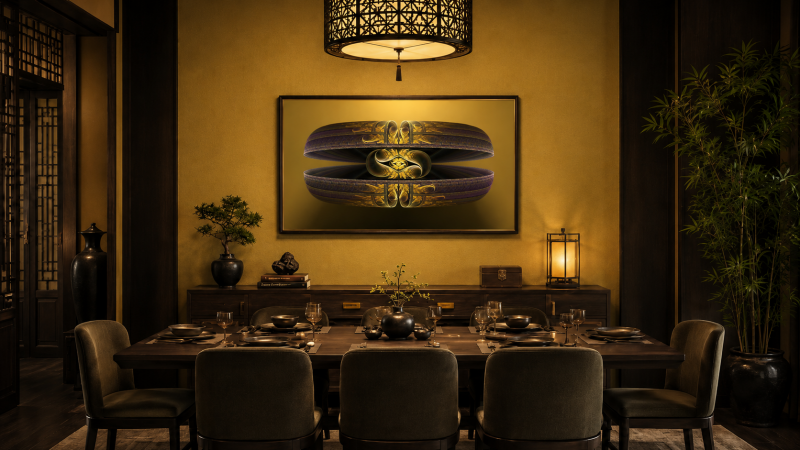 Œuvre fractale dorée dans une salle à manger oriental raffiné.