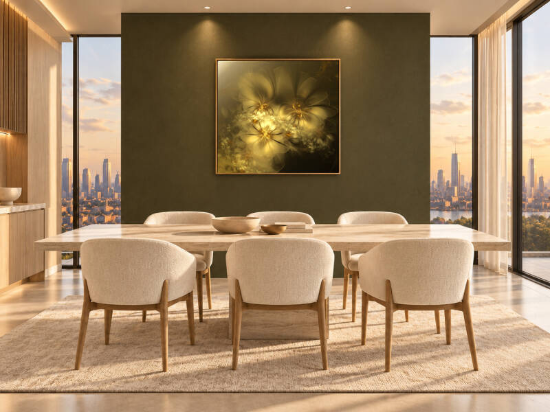 Salle à manger contemporaine décorée d'une fractale dorée sur un mur foncé vert olive