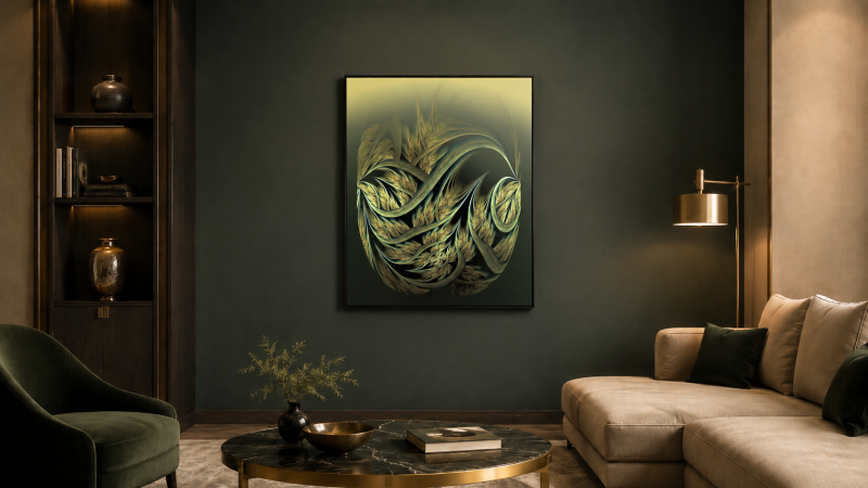 Œuvre fractale verte et dorée dans un salon  boudoir  contemporain.