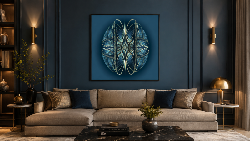 Œuvre fractale bleue dans un salon contemporain élégant.