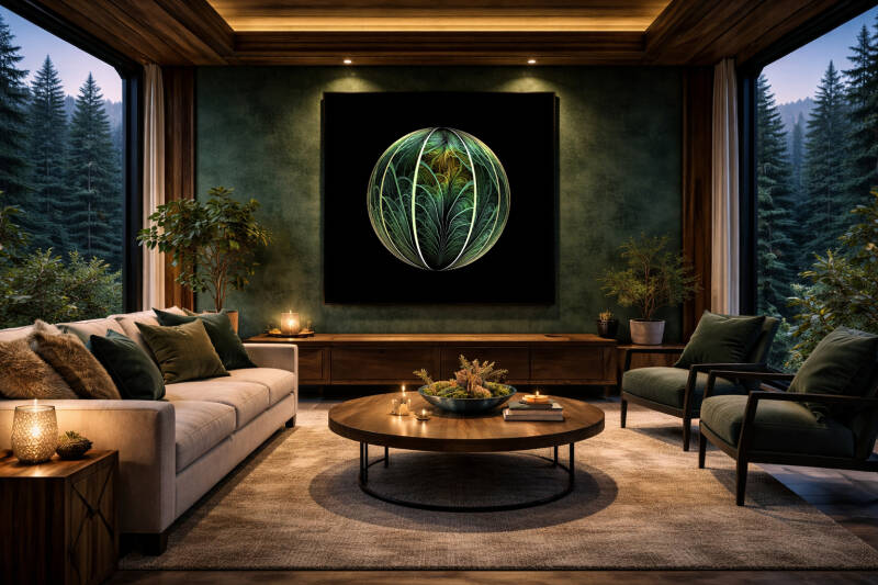 Salon chaleureux  décoré d'une fractale verte aux motifs végétaux sur fond noir
